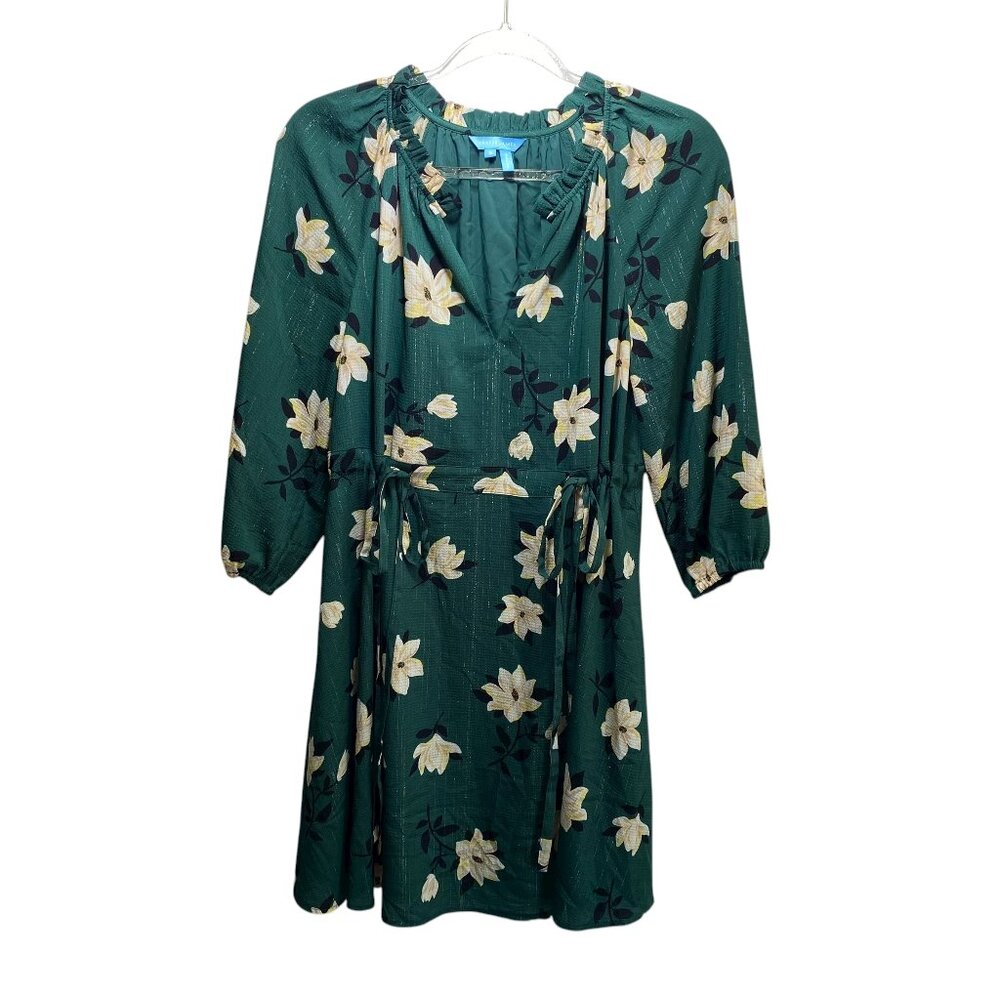 Babydoll Chiffon Kellie Green Floral Shimmer Fit Flare Dress S 3/4 Sleeve V Neck - Picture 2 of 8